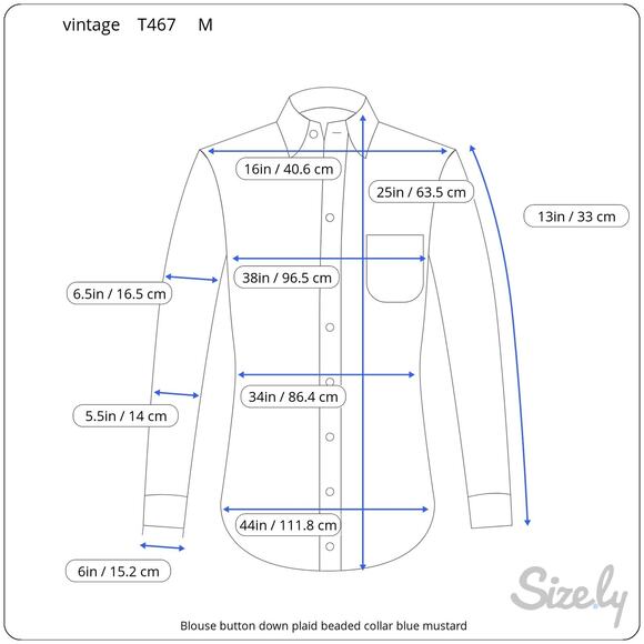 Blouse button down plaid beaded collar blue mustard - Picture 6 of 6